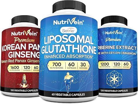 Nutrivein Premium Liposomal Glutathione Supplement, Korean Panax Ginseng Supplement, and Berberine Supplements Bundle Reduced Glutathione, Berberine Complex, Red Ginseng for Vitality & Wellness
