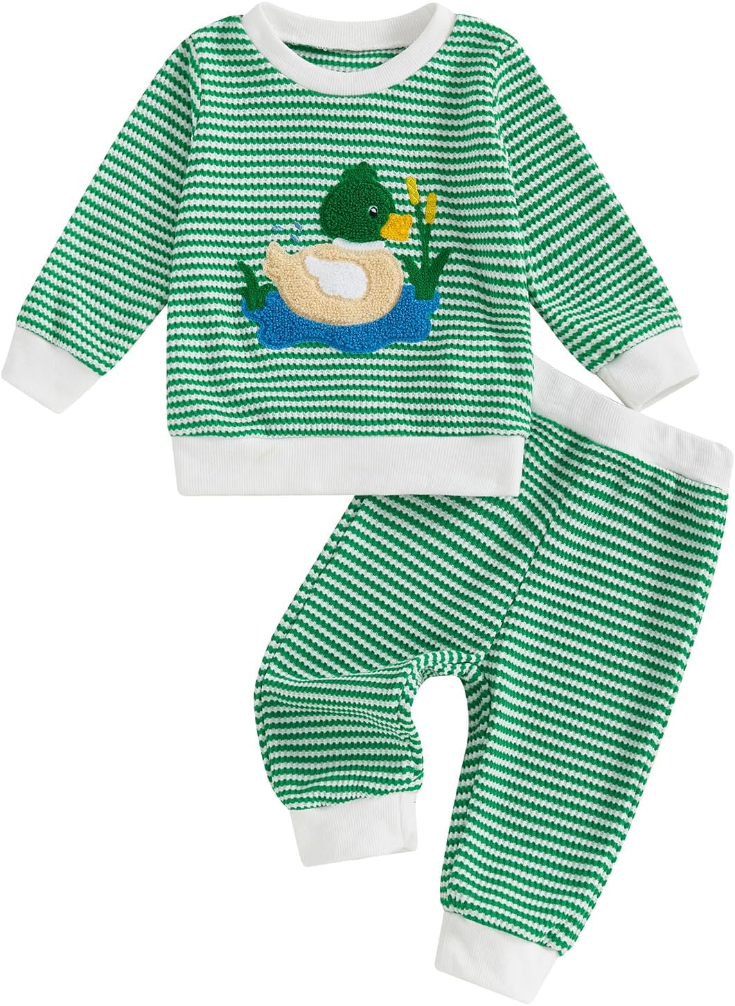 FOMOYUU Baby Boy Fall Winter Outfits Striped Embroidered Waffle Sweatshirt Infant Pullover Top Pants Sets Toddler Clothes