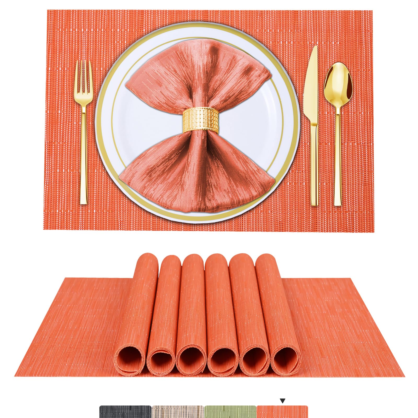 ARTAND Orange Table Mats Set of 8 Woven Vinyl Place Mats for Dinner Table - Washable & Durable Indoor/Outdoor Use - 8 Pcs