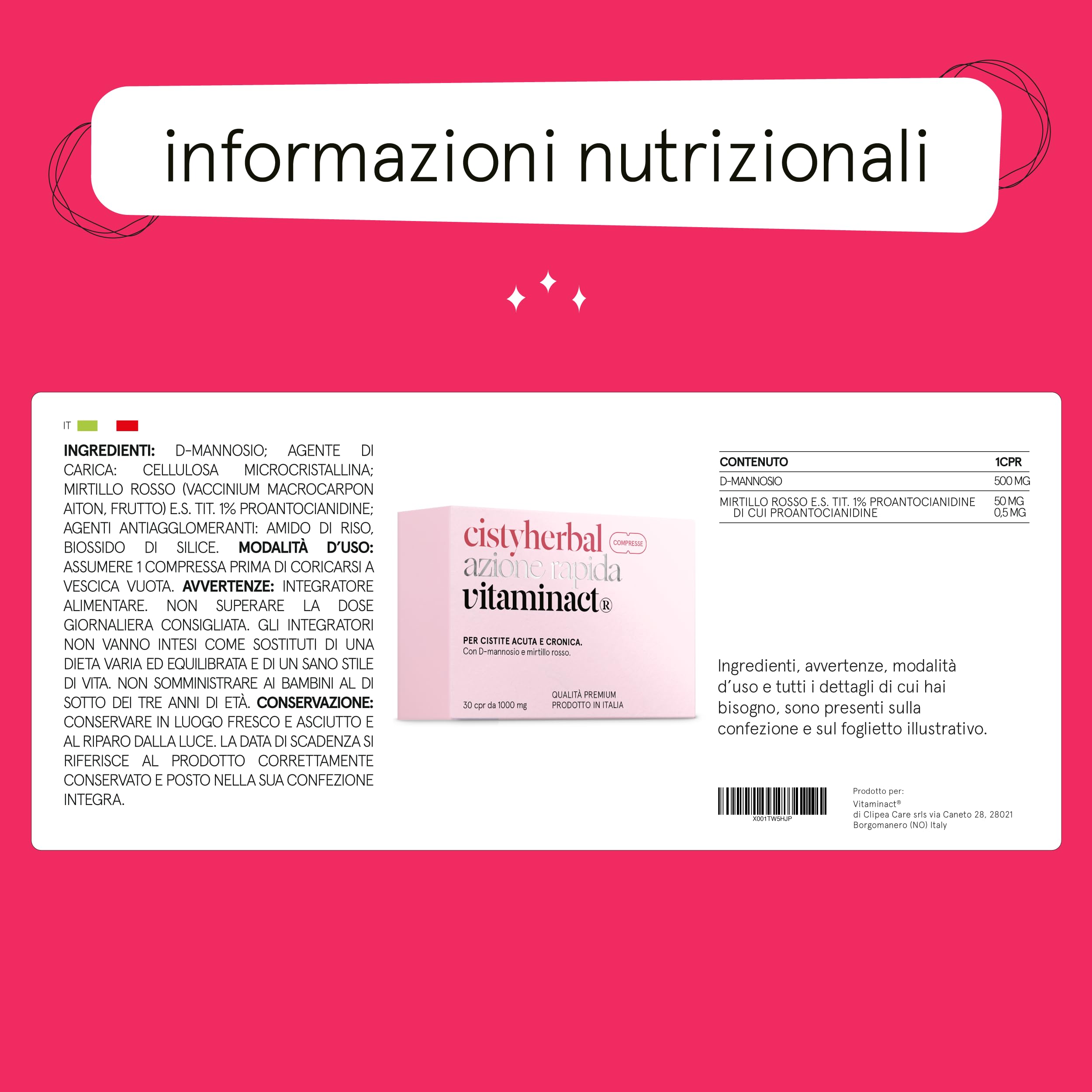 Cistyherbal, Integratore per Cistite Acuta, Candida e Infezioni delle Vie Urinarie| Contiene D mannosio Puro e Mirtillo Rosso ad Alto Dosaggio | Formula Studiata dai Migliori Urologi | Vitaminact