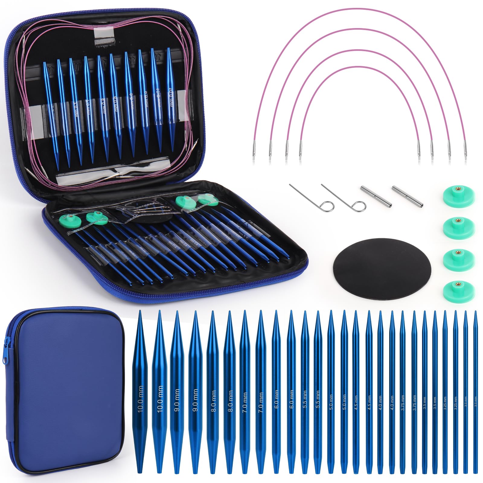 Coopay Auswechselbare Rundstricknadeln Set, 3,0-10,0 mm Rundstricknadeln, 40cm/60cm/80cm/100cm Austauschbare Stricknadeln mit Aufbewahrungstasche, Aluminium Austauschbare Rundstricknadel, Blau