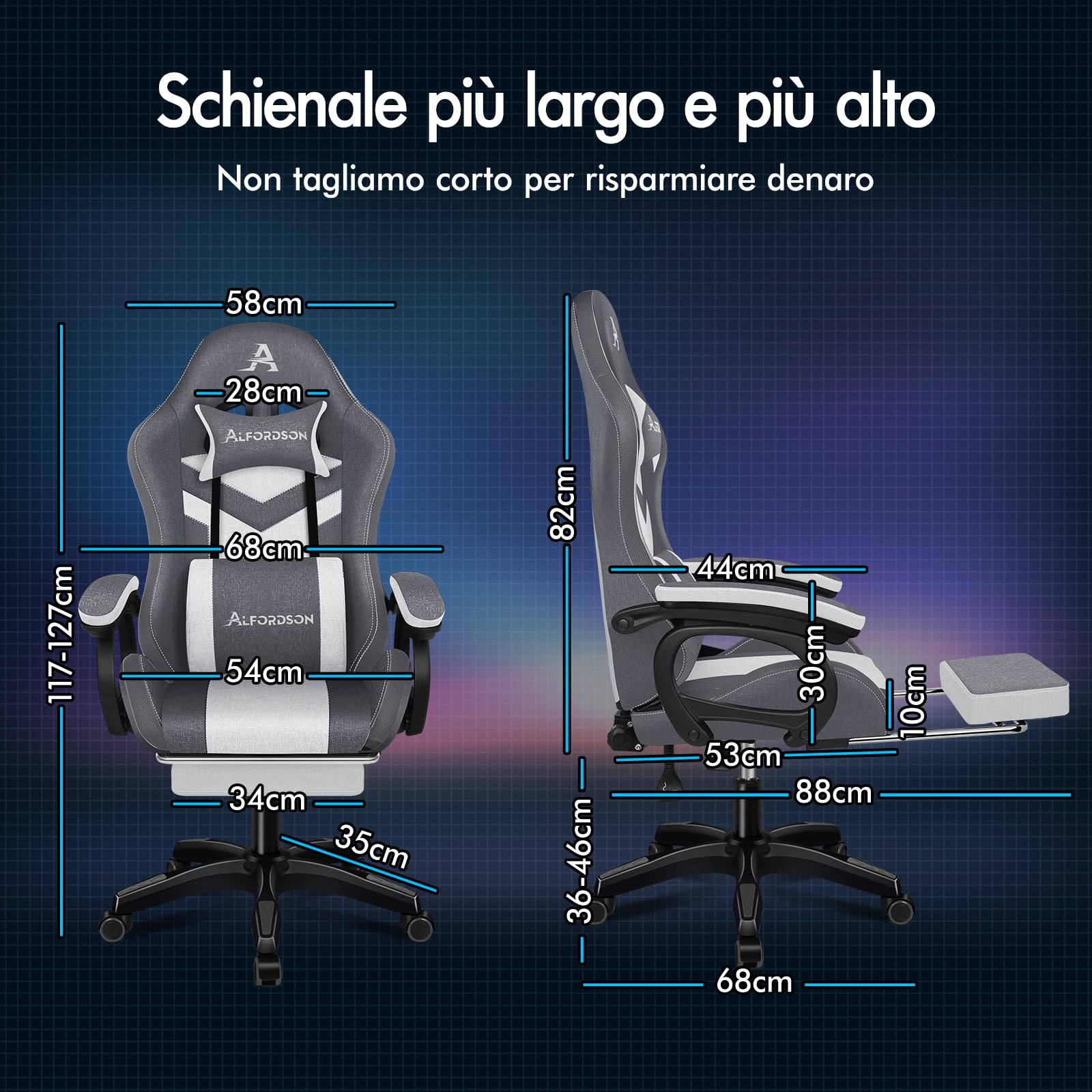 ALFORDSON Sedia da Gaming con LED, Sedia Gamer con Massaggio a 8 Punti, Sedia da gioco ergonomica con Illuminazione RGB con Supporto Lombare e Poggiatesta, Materiale in tessuto, Giunzione Grigia
