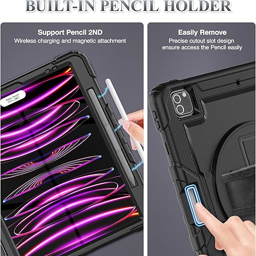 Miniatura 6 de SEYMAC stock Funda para iPad Pro de 12.9'' 2022202120202018 con protector de pantalla giratorio 360 y correa de mano, funda a prueba de caídas para