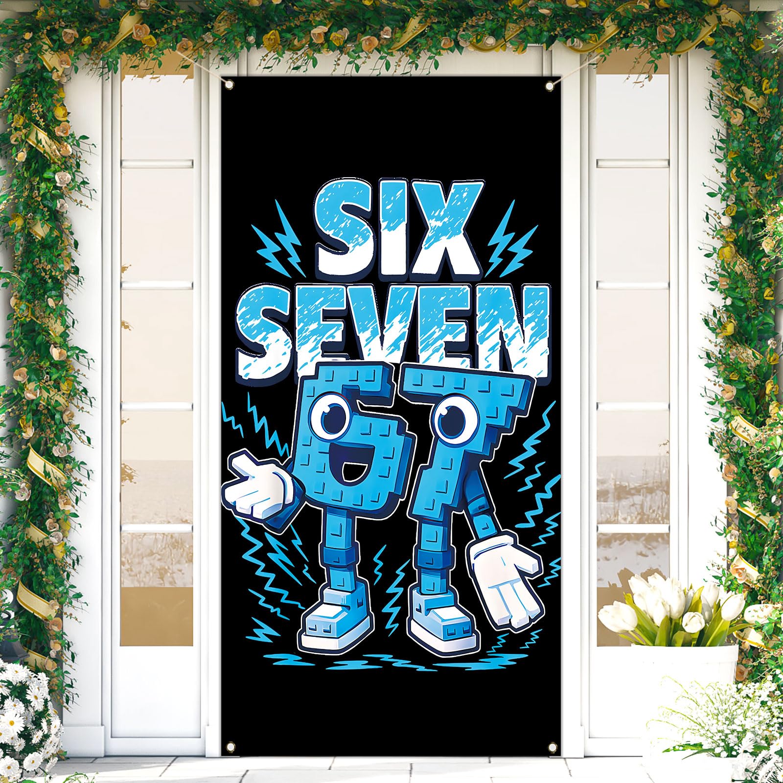 Heyfary Funny 6 7 Meme Door Cover Italian Brainrot 67 Six Seven Birthday Party Decorations for School Classroom Office Home Door Banner