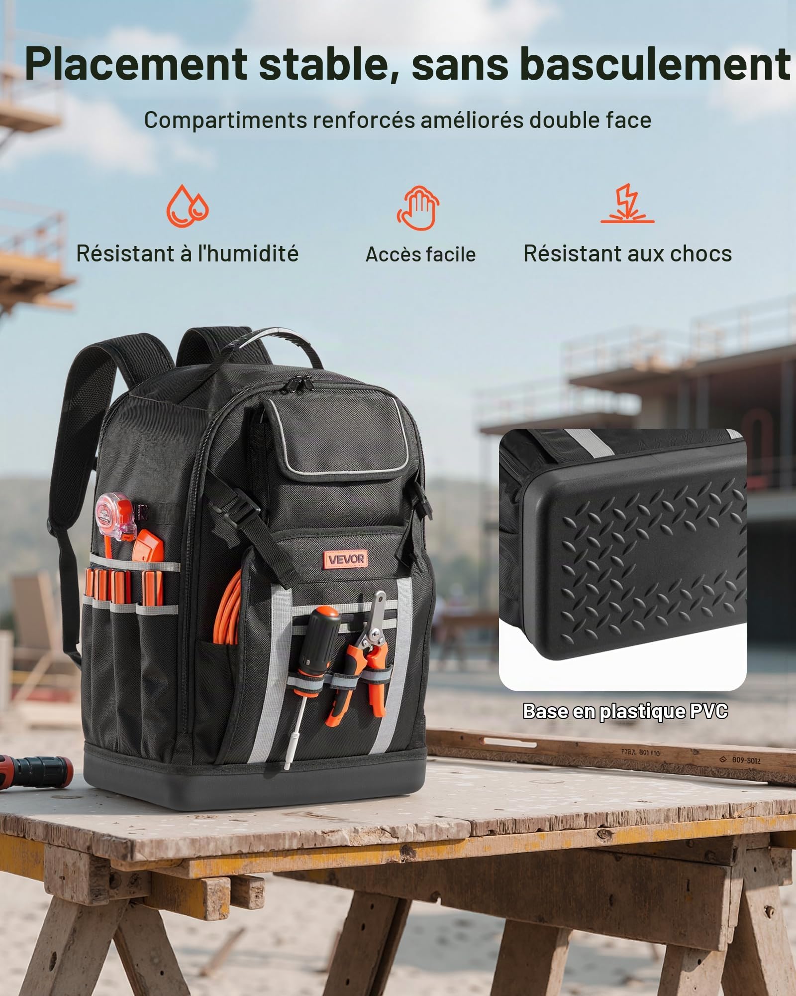 VEVOR Sac à Dos à Outils, Charge 45,3 kg, Sac à Outils, 38x23x54,6 cm, avec 56 Poches, Compartiment Ordinateur Portable, Base, Organisateur à Outil Robuste pour Chantier, Électricien, Réparateur CVC