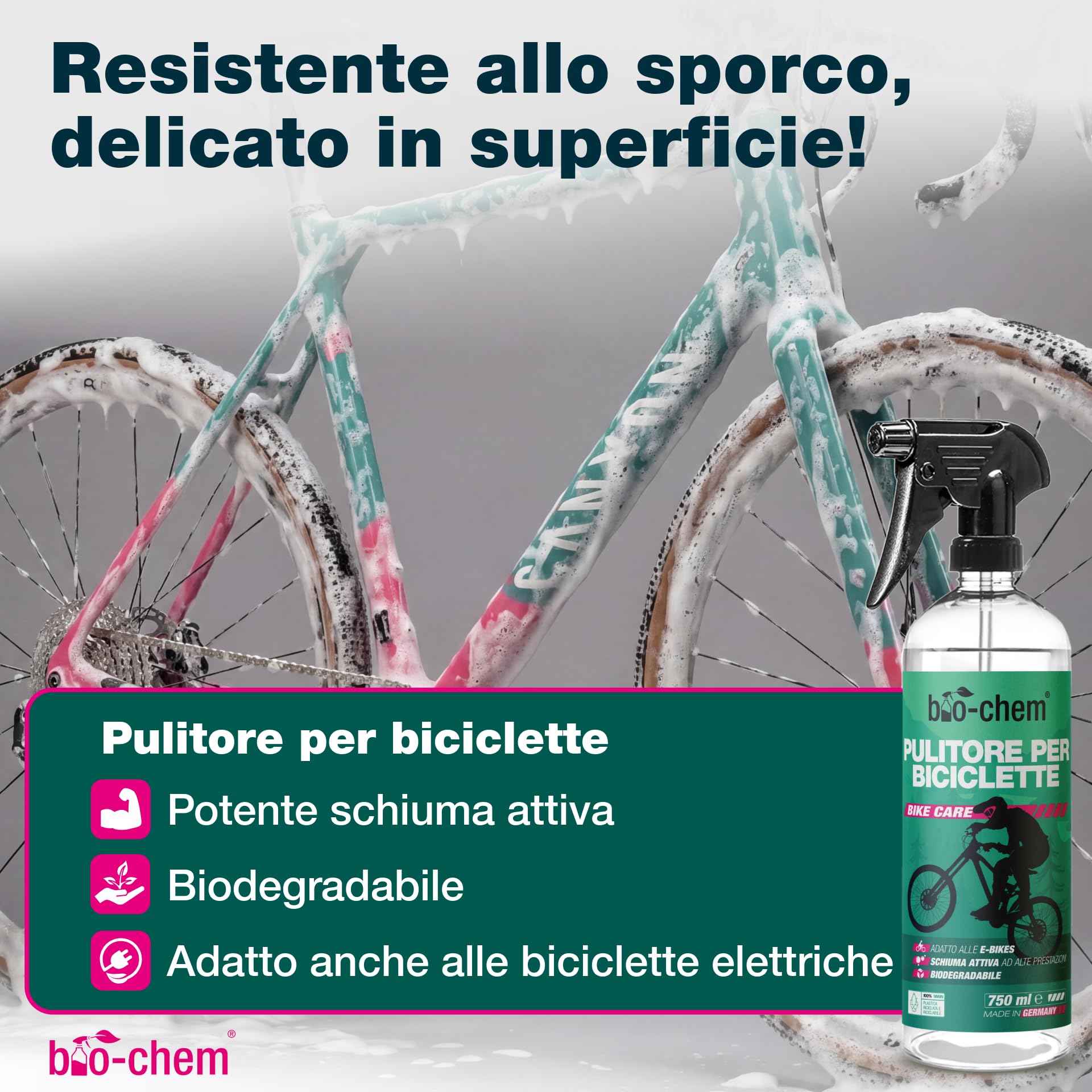bio-chem - Profi Set 7 prodotti per la pulizia della bicicletta - Detergente completo 750ml - Sgrassatore per catena 750ml - Olio lubrificante 100ml - Panno e spazzole incluse
