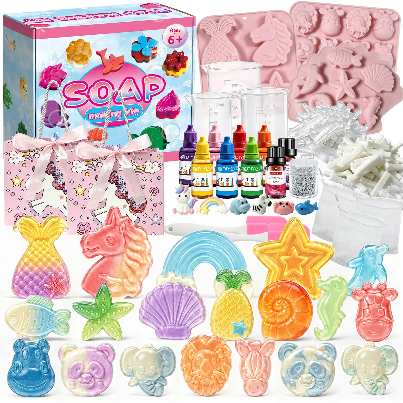 Nlsqw Soap Making Kit, Soap Making Craft Kit Supplies Includes Animal Silicon MoldοΌ2 Pack Soaps Base Pigment Measuring Cup for Birthday Gifts