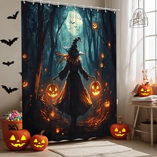 Halloween Witch Shower Curtain Scary Pumpkin Witchy Magic Forest Bats Spooky Moon Night Fabric Bathroom Decor Set with Hooks(70" Wx70 H)