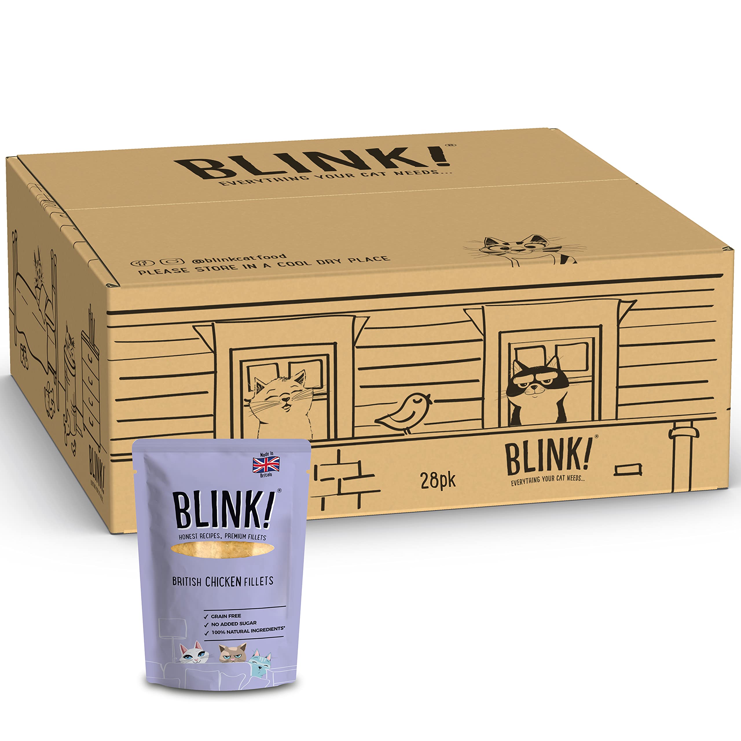 Blink! 28 Wet Cat Food Pouches | 28 x 85g Chicken British Fillets in Jelly