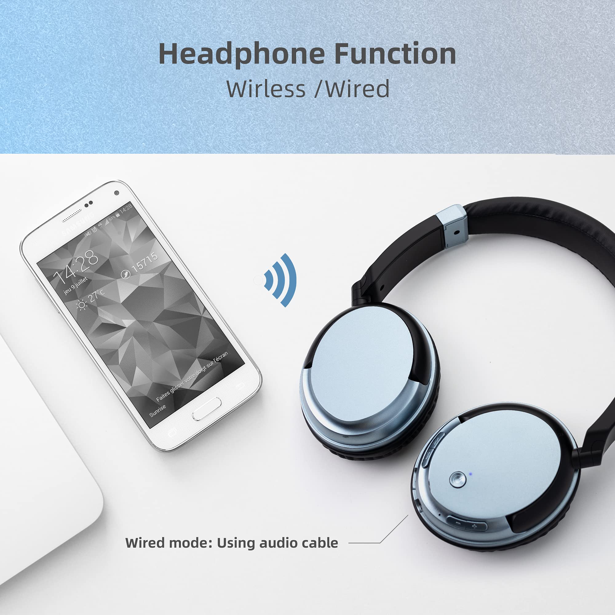 BAOBER Wireless Bluetooth Headphone Over Ear, Bluetooth Transmitter for TV,PC,3.5mm Audio Device, Wired and Wireless Headset (Blue)