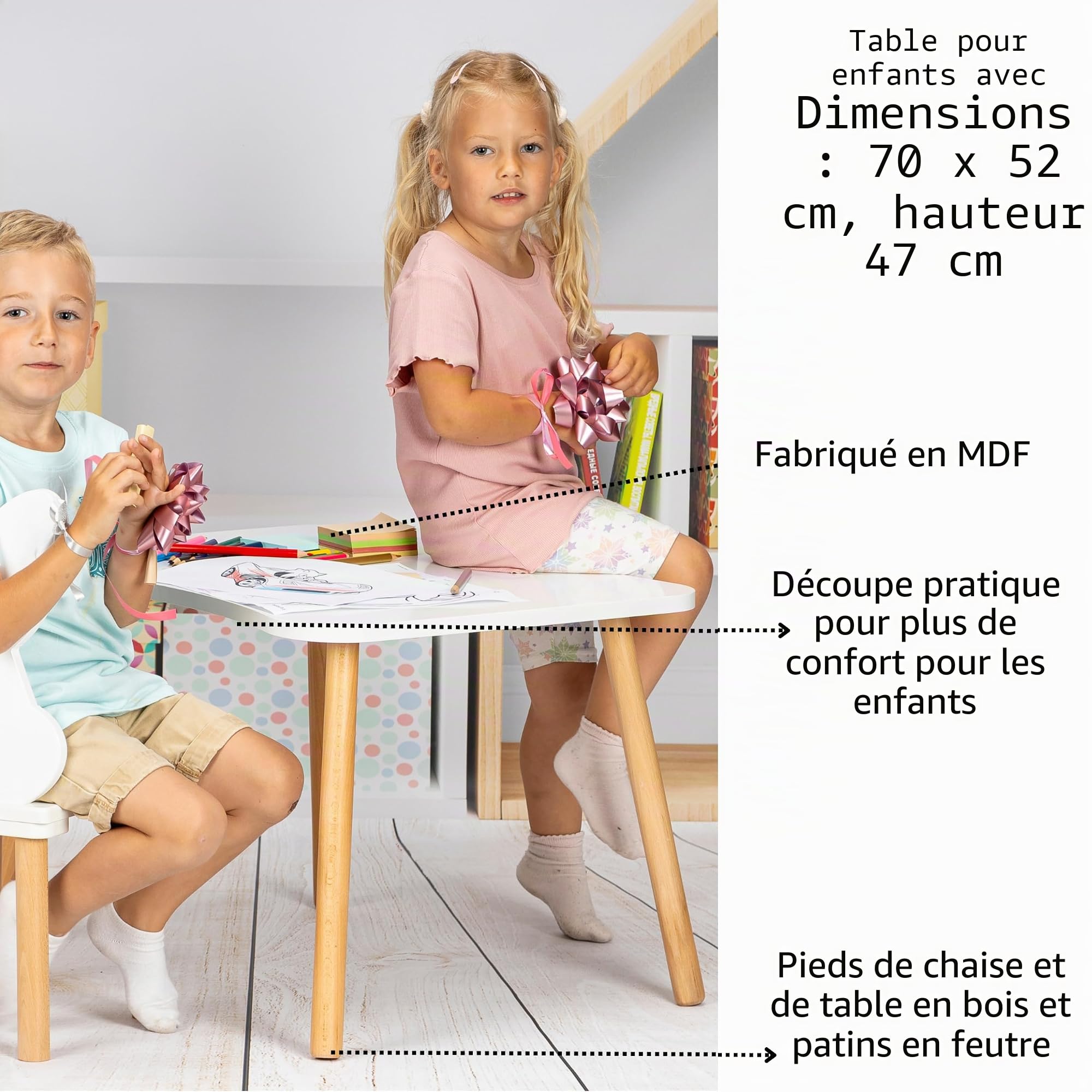 Table pour enfant en bois - Blanc - 52 x 70 cm - À monter soi-même - Haute qualité - Meubles naturels pour enfant - Petite table