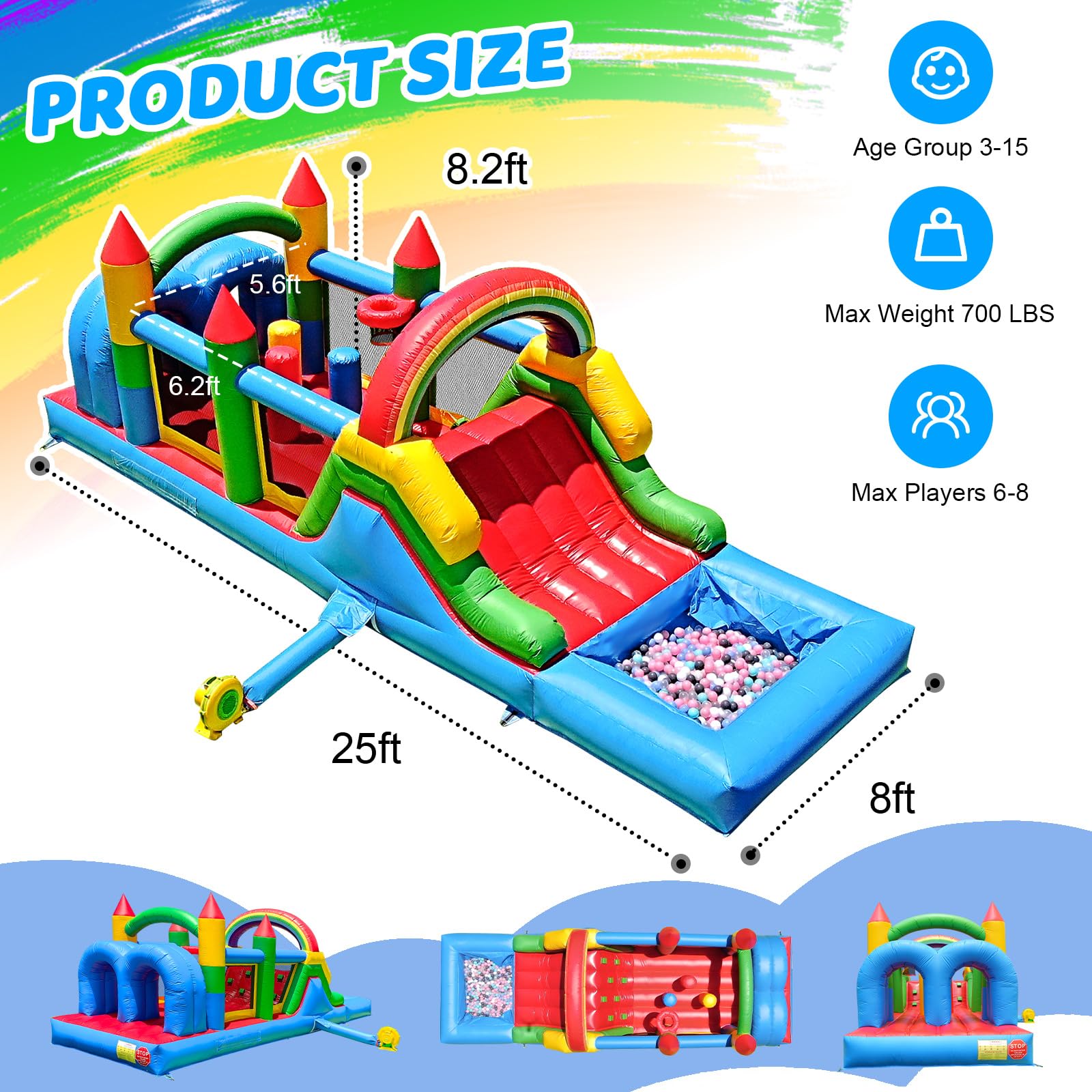 25FT Commercial Bounce House for Big Kids, 100% PVC Inflatable Bounce House Obstacle Course for Kids, Water Bouncer House with Water Slides/Blower, Heavy Duty Quality Outdoor Party, 25x8x8FT