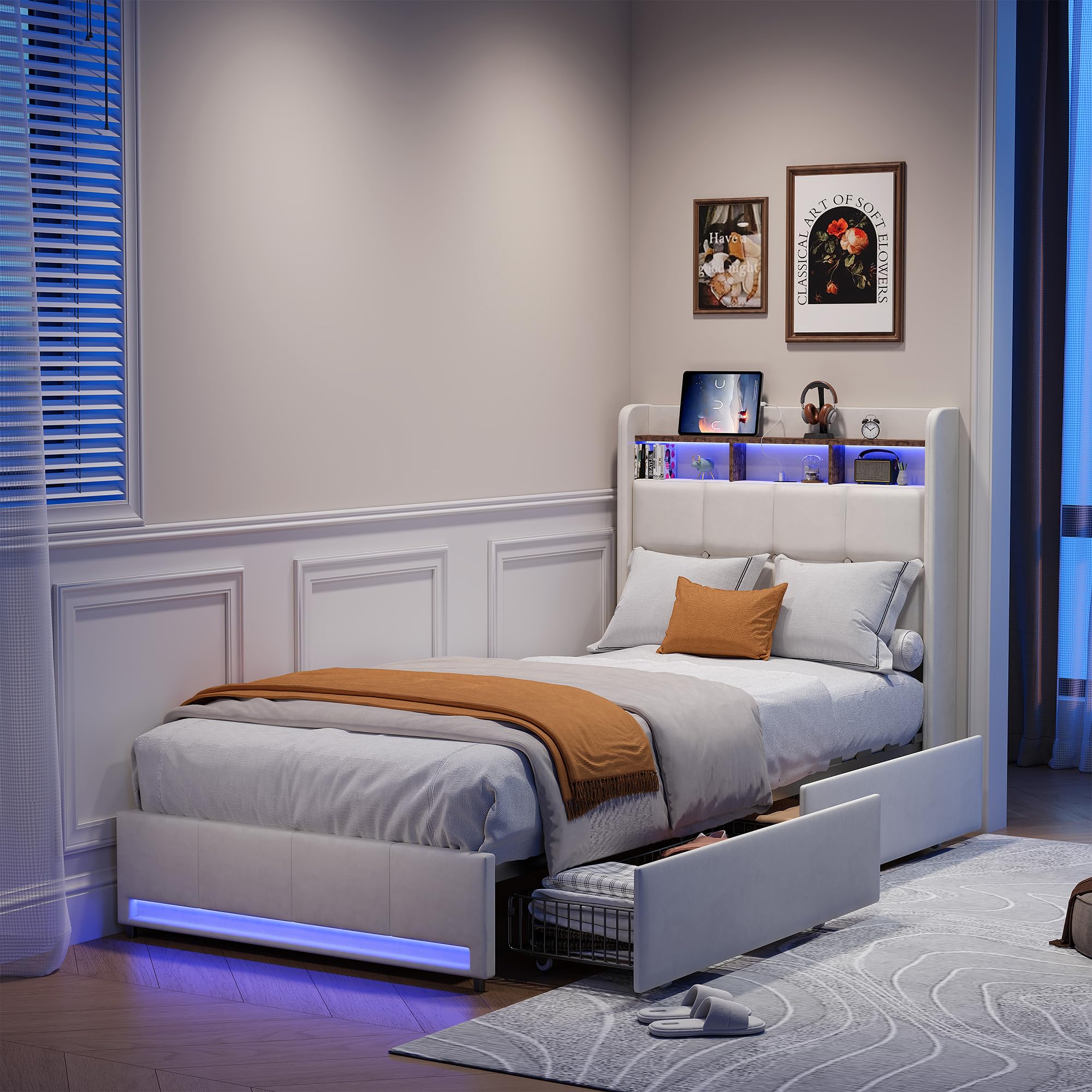 Cama Tapizada 90x200 con LED y USB, Cama Infantil Camas Individuales, Cama 90x200 con 2 Cajones y Cabecero Almacenaje, Camas Juveniles con Somier de Láminas,Sin Colchón,Lino,Beige