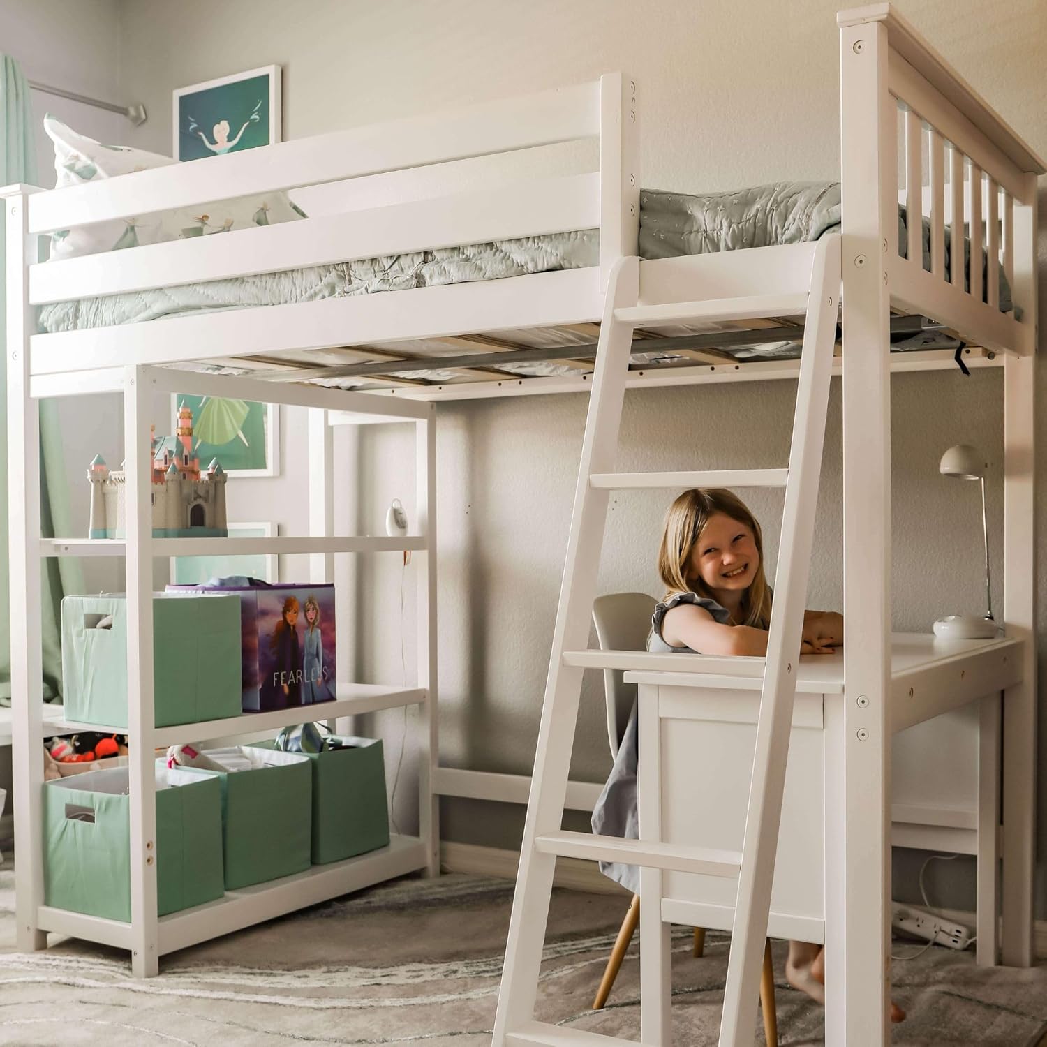 Max & Lily High Loft Bed, Twin Bed Frame for Kids With Bookcase and Desk, White