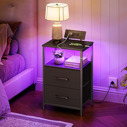 Miniatura 8 de HOOBRO Mesita de noche con estación de carga y luz LED, mesita de noche LED con 2 cajones de tela, mesa auxiliar con salidas y puertos USB, mesitas
