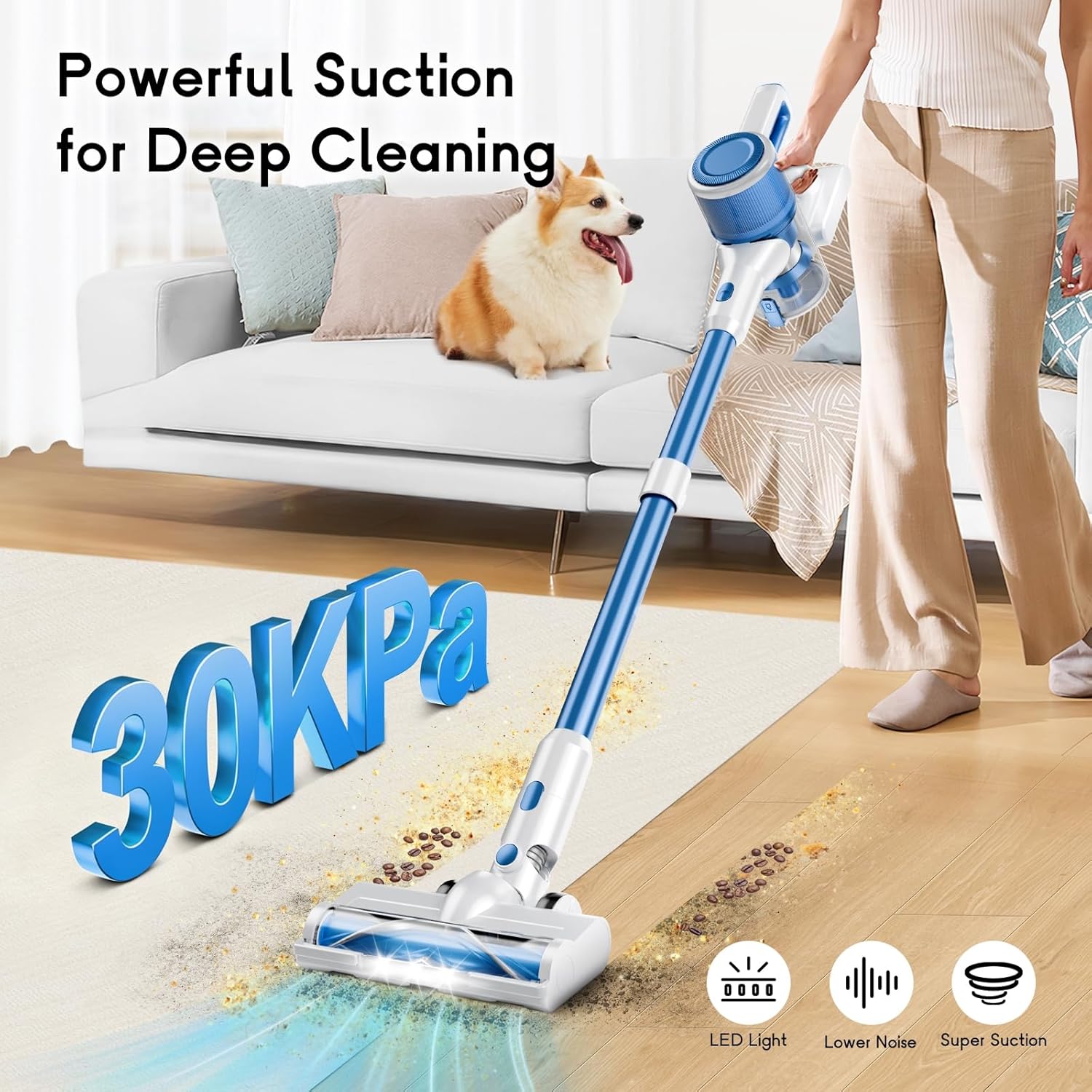 Cordless Vacuum Cleaner for Home, 8-in-1 Lightweight Stick Vacuum with 45Mins Runtime, Powerful Suction, Anti-Tangle, Rechargeable Cordless Vacuum for Hardwood Floor Carpet Pet Hair, W-N505