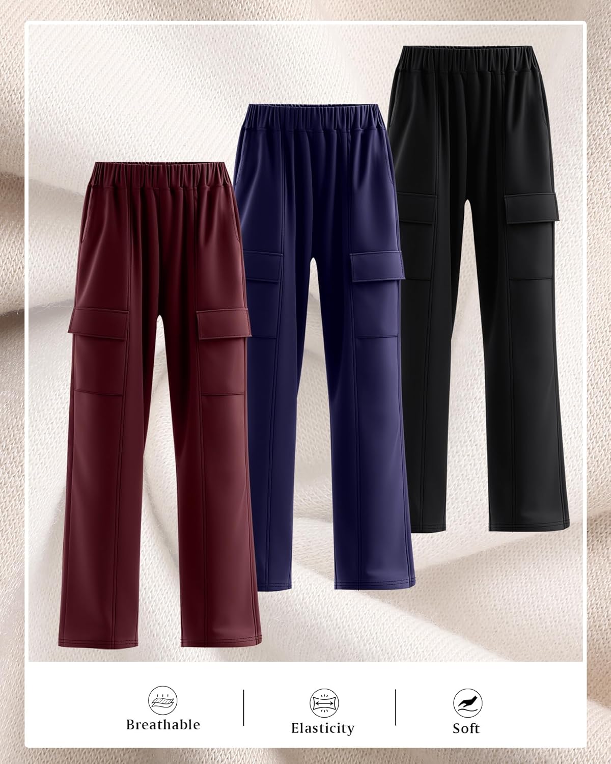 Neer 3 Pack Womens Pants with Cargo Pockets Casual High Waisted Baggy Wide Straight Leg Sweatpants Lounge Joggers Trousers - Image 2