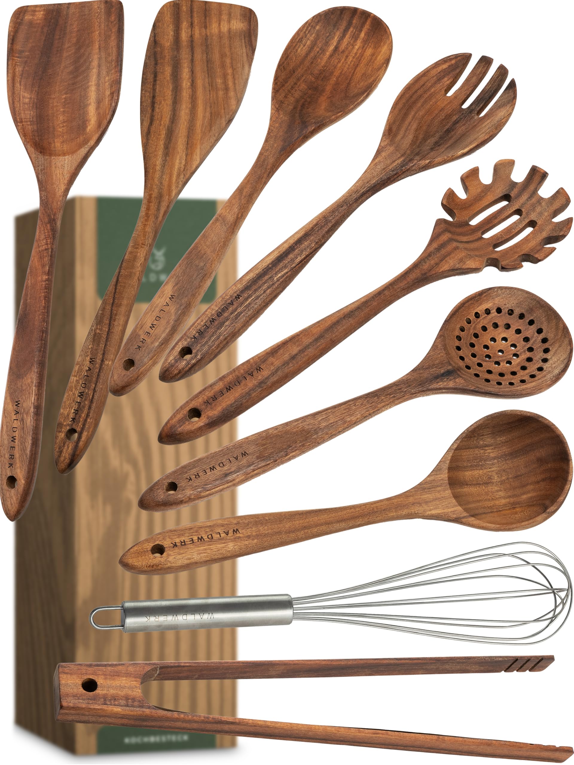WALDWERK Non Toxic Wooden Utensils for Cooking (9 pcs, Teak) - Wooden Kitchen Utensil Set with Wood Spatula, Wooden Tongs, Whisk, Wooden Spoons - Wood Cooking Utensils Set - Teak Cooking Utensils