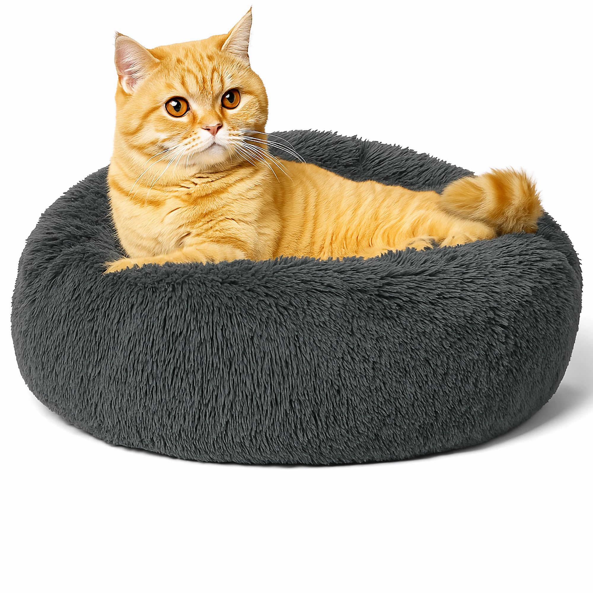 SEOUGEE Calming Donut Cat Bed, Fluffy Plush Round Dog Bed, Cosy Soft Washable Cushion Warming Pet Beds with Non-Slip Bottom, Indoor Sleeping Cuddler Nest for Cats Puppy Kitten (Dark Grey 40cm)