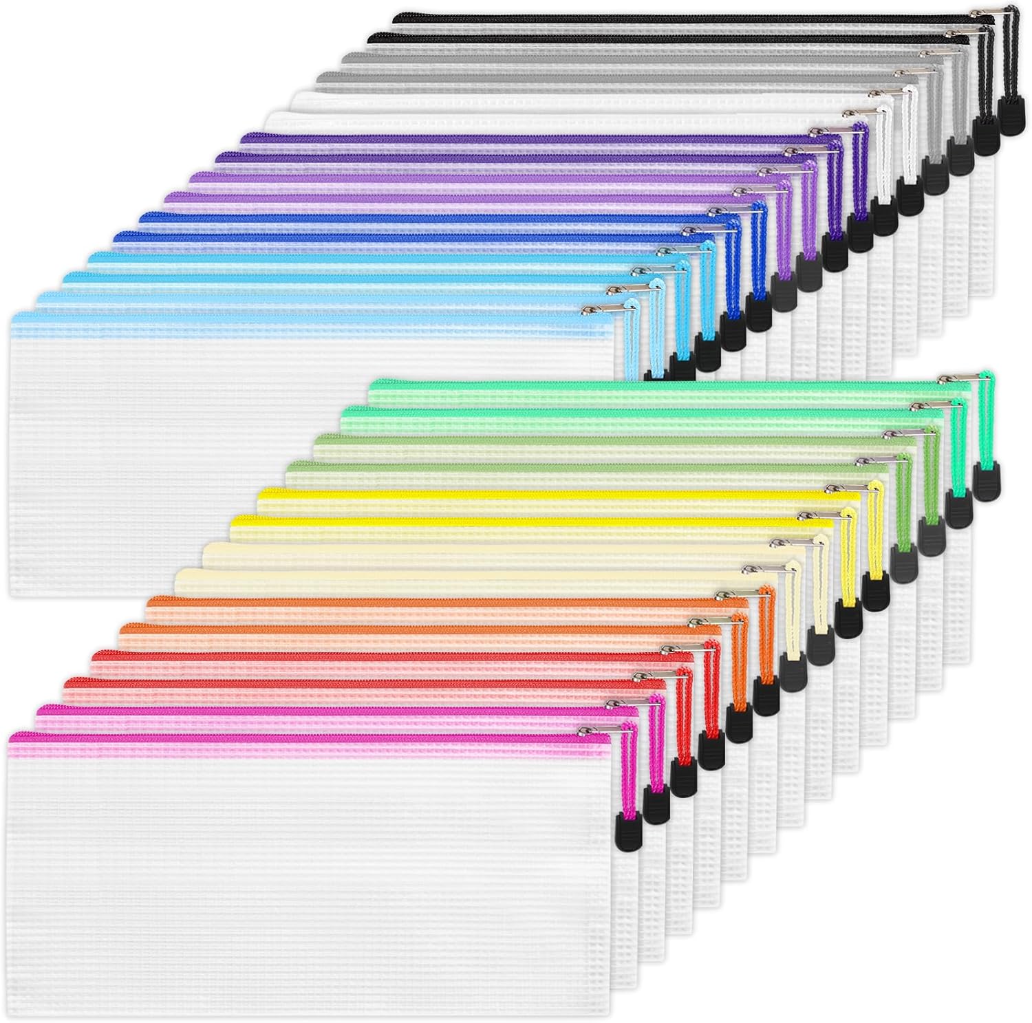 EOOUT 72pcs Pencil Pouches, Small Mesh Zipper Pouch, 16 Colors, 9.5x4.5 Inches for Bills, Cash, Cosmetics, Travel Storage, School and Office Supplies Organization