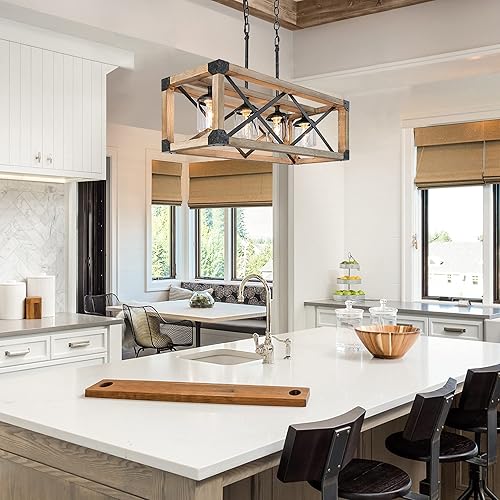 Miniatura 7 de LOG BARN Lámparas colgantes para comedor, lámpara de granja de 4 luces, lámpara rectangular de 27.5 pulgadas con pantallas de vidrio transparente