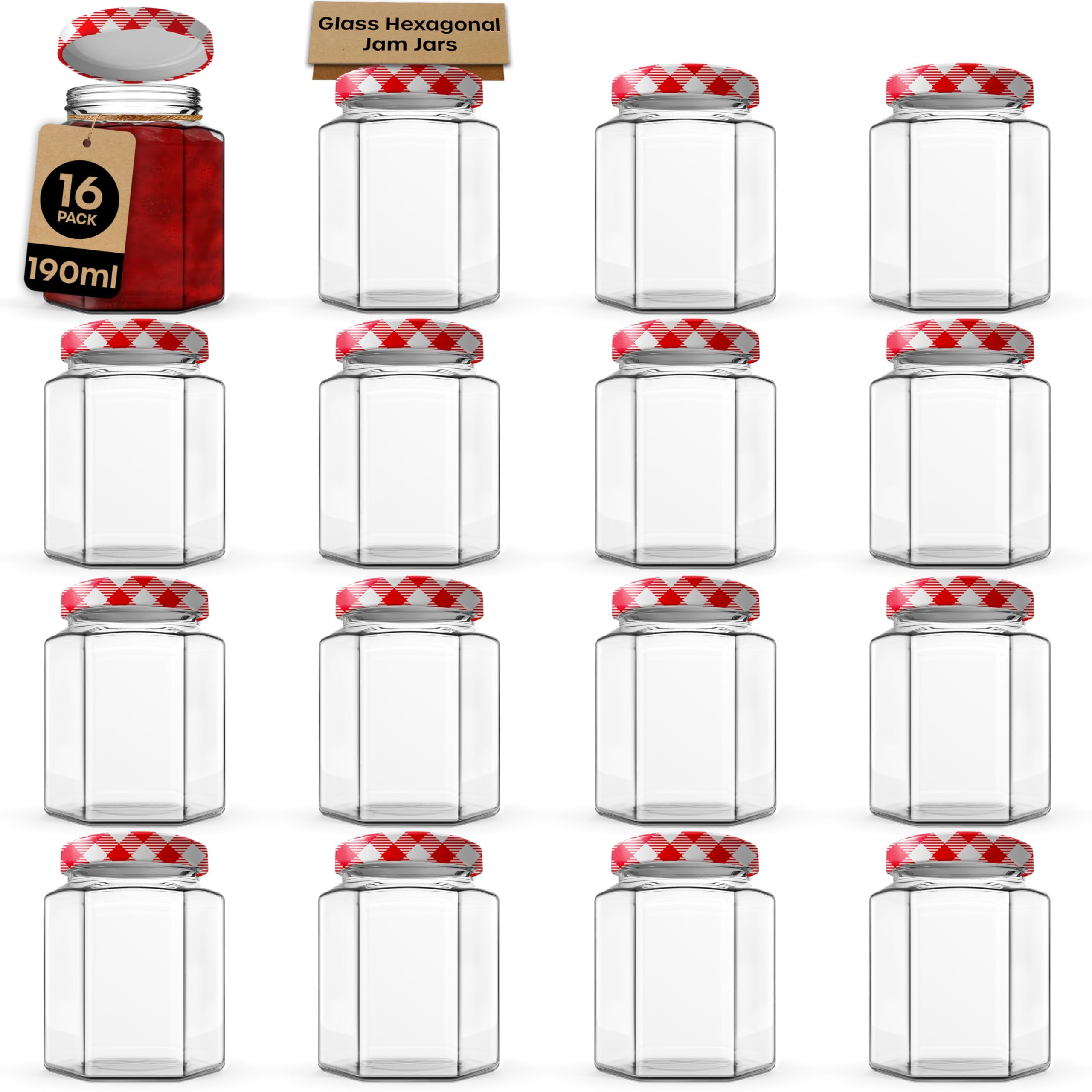 volila Jam Jars with Lids 190ml – 16 Pack Hexagonal Small Jars with Red Gingham Screw Top Lids – Airtight Glass Jars with Lids for Homemade Jam, Marmalade, and Chutney - Glass Jars with Lids