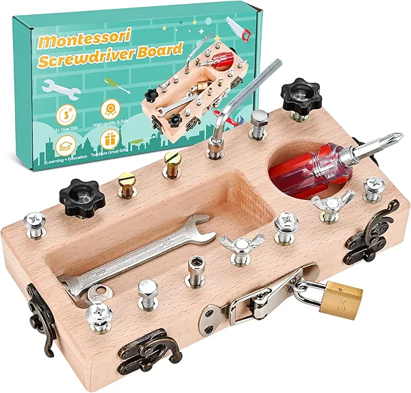 Wooderma Montessori Toys for 3 4 5 Year Old with Lock and Key, Wooden Sensory Toddler Screwd Tool Set, Montessori Screwdriver Board Set, Fine Motor Skills Toys for Educational Preschool Gift for Boys
