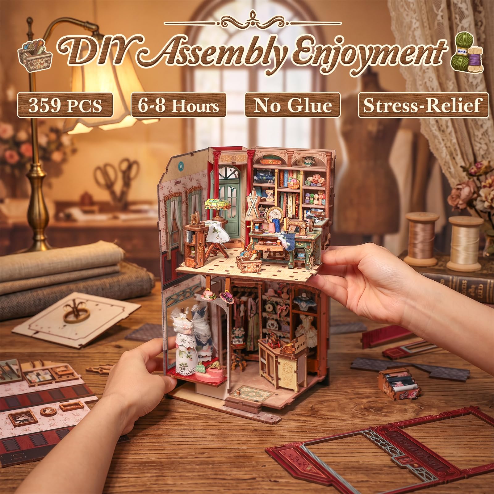 Fsolis Miniaturowy dom Japonia, zestaw drewnianych puzzli 3D, Book Nook, japoński zestaw do domku dla lalek, dekoracja regału na książki, redukcja stresu, prezent dla dorosłych