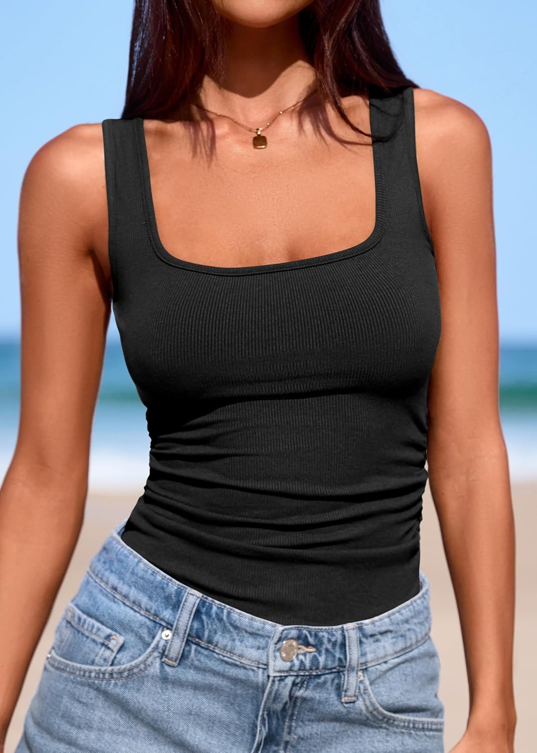 KIRUNDO Tank Tops for Women 2026 Casual Square Neck Summer Outfits Ribbed Fitted Camisole Shirt Sleeveless Workout Clothes - Image 5