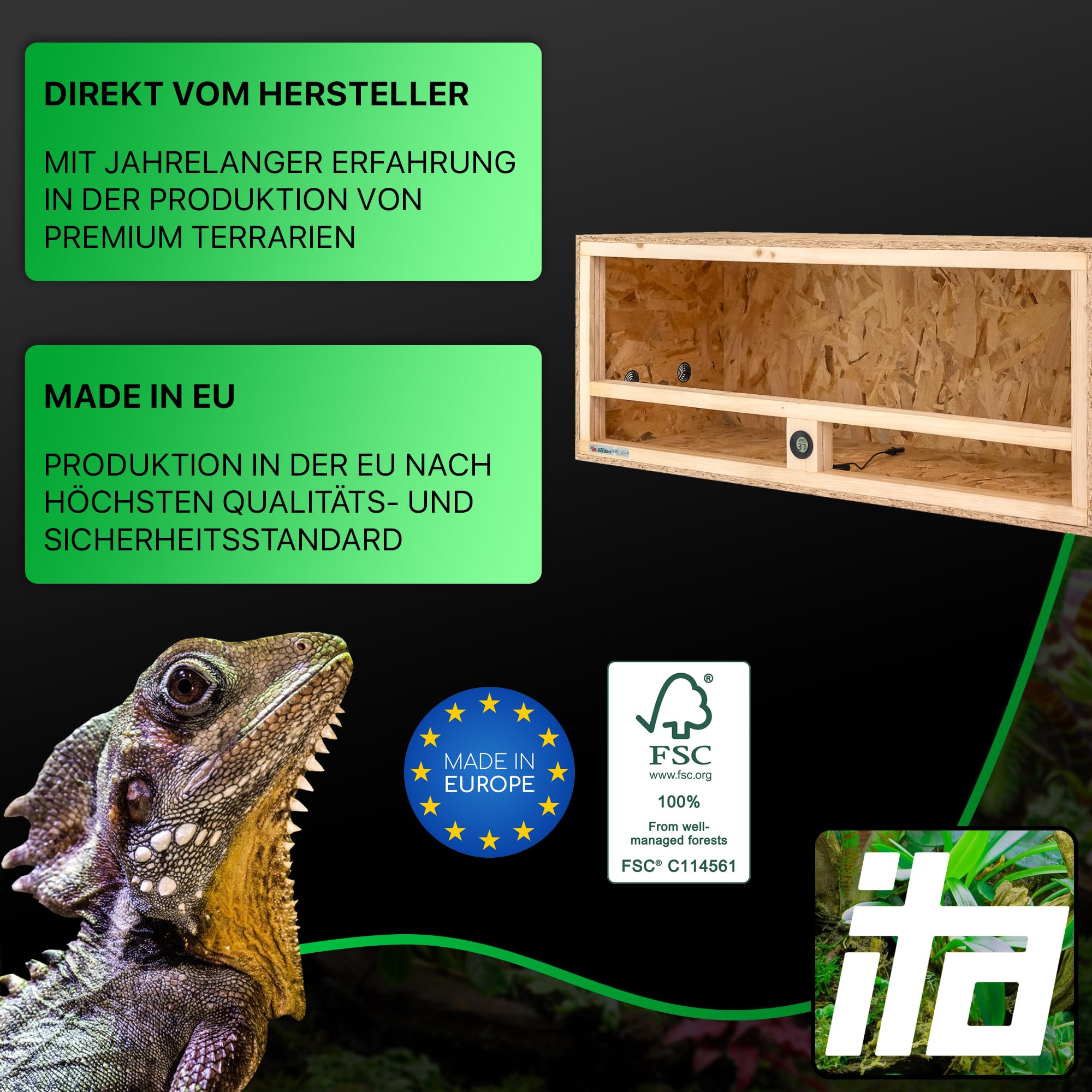ITA Holz Terrarium 100x40x40 cm mit Seitenbelüftung & Integriertem Hygrometer - Holzterrarium aus OSB-3 Platten - Terrarien für Reptilien, Schlangen, Amphibien - EU Produkt, FSC Zertifiziert