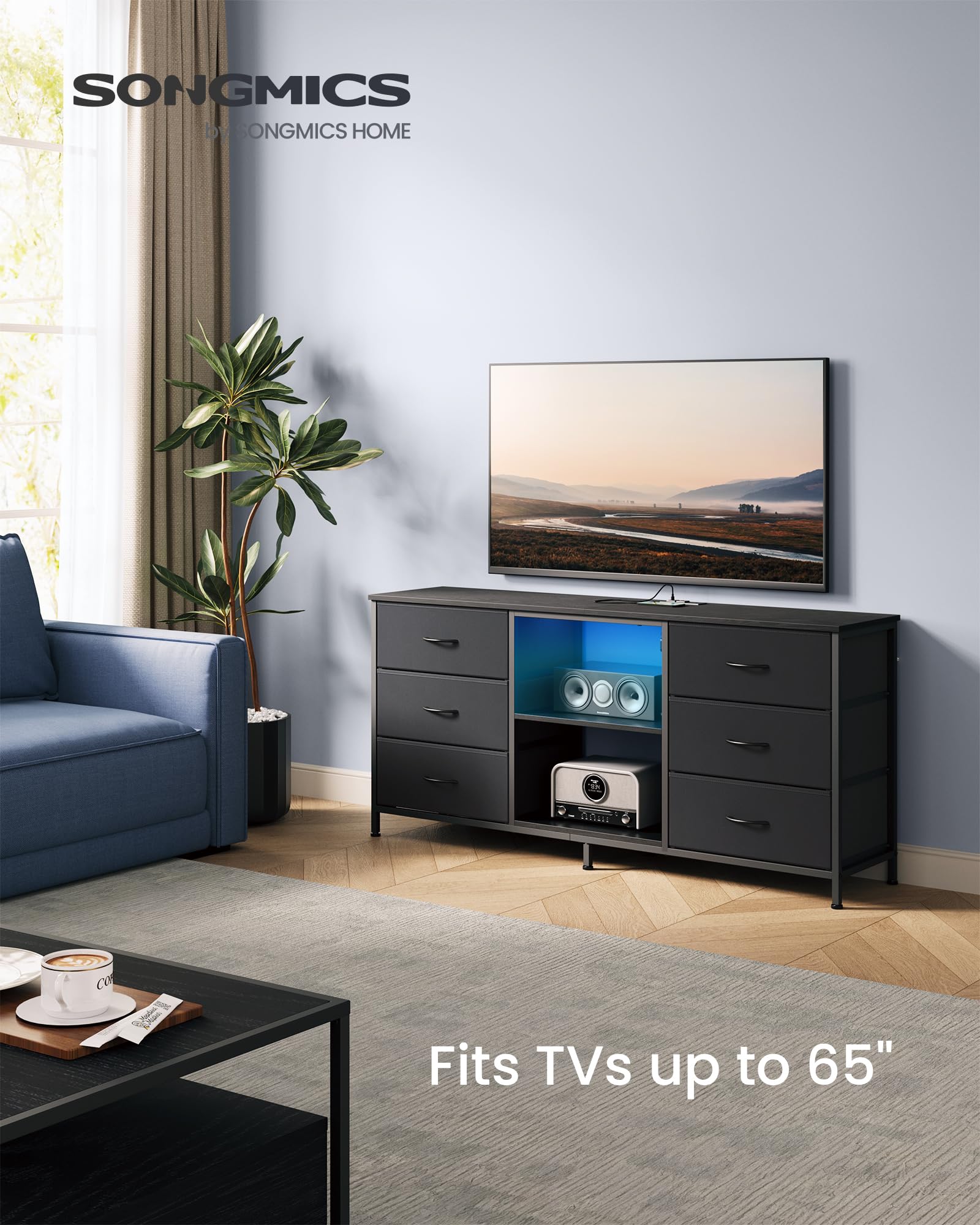 SONGMICS BELLAH Collection - TV Stand for TVs Up to 65 Inches, Dresser for Bedroom, Living Room, Chest of Drawers, Steel, 6 Drawers and 2 Shelves, Modern, Ink Black ULGS132B101S - 4