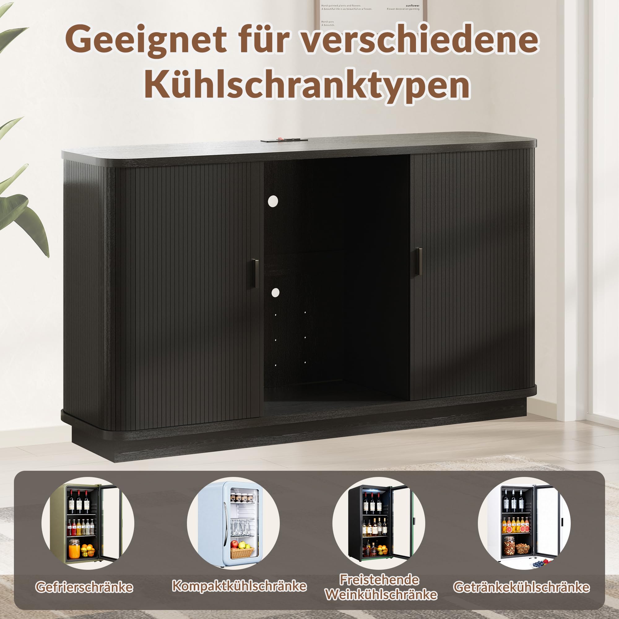 130 cm langes, geriffeltes Buffet-Sideboard mit Kühlschrankfach, Retro-Weinbarschrank mit Rolltüren, verstellbaren Einlegeböden und Weinregal für Küche und Esszimmer