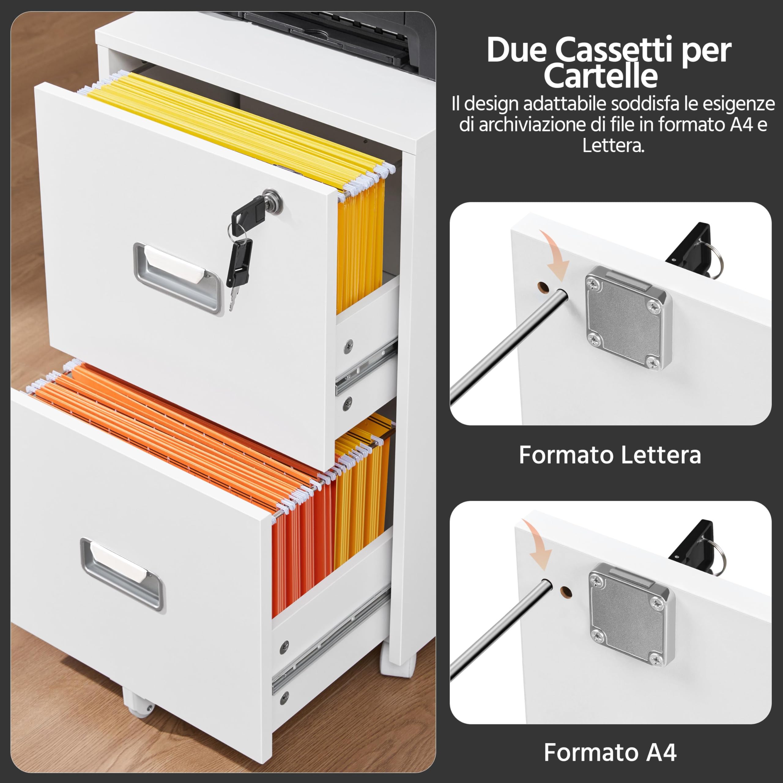 Yaheetech Schedario da Ufficio con Serratura e 2 Cassetti Bloccabili Cassettiera per Cartelle Sospese A4 Mobile Portadocumenti per Ufficio con Ruote per Studio Camera Scrivania Bianco