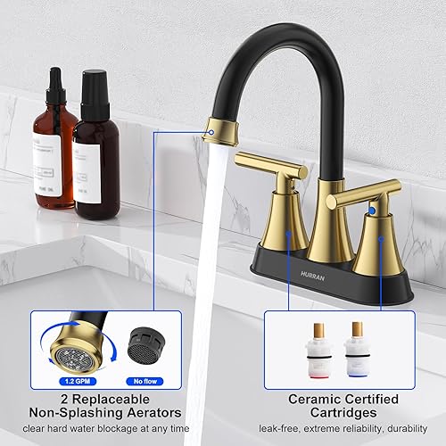 Miniatura 54 de Hurran - Grifos de baño para fregadero de 3 agujeros, 4 pulgadas, color negro mate con drenaje emergente y 2 mangueras de suministro, grifo central