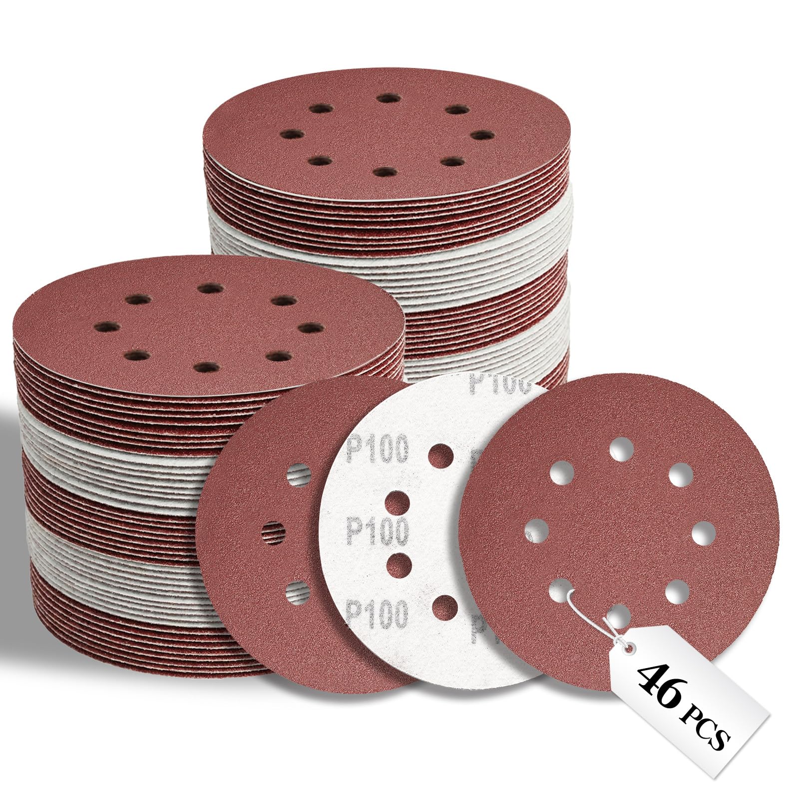 VKMKM 125mm Sanding Discs 46PCS, 100 Grit Orbital Sander Discs, 8-Hole Hook and Loop Sandpaper for Wood & Metal, Aluminium Oxide