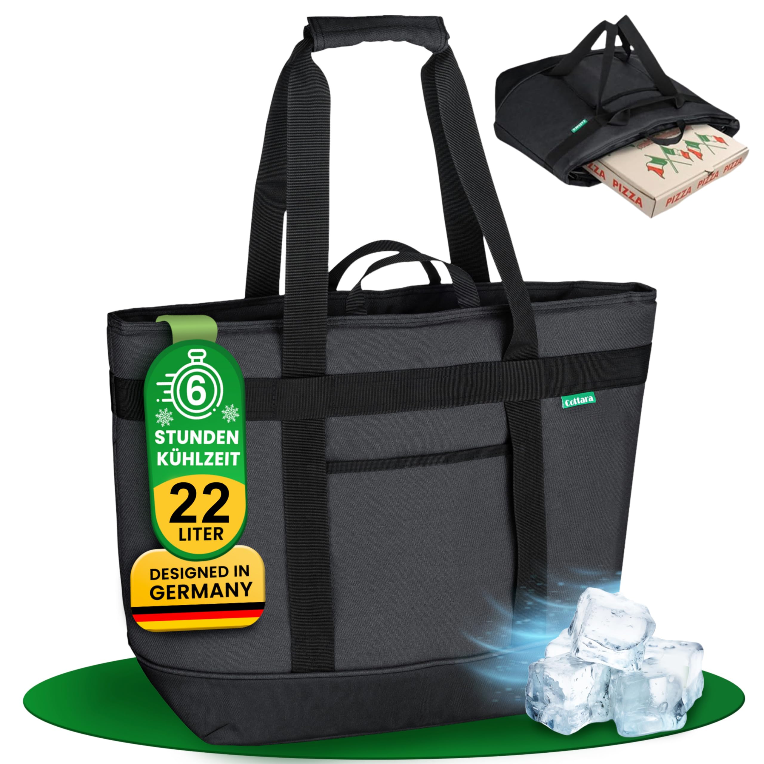 COTTARA® Faltbare Kühltasche Gross mit wasserdichter Isolierung 22l – Große Isoliertasche auslaufsicher Flexible Griffe – Ideale Einkaufstasche isoliert, Thermotasche, Picknicktasche – Grau