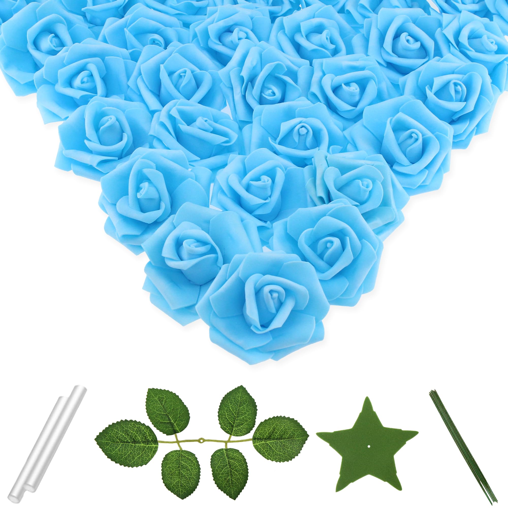 Vignor 100 Pcs 3 Inch Artificial Flowers Bulk 5 in 1 Set Faux Foam Fake Rose Head Wedding Decoration Bridal Shower Centerpiece Arrangement Wall Table