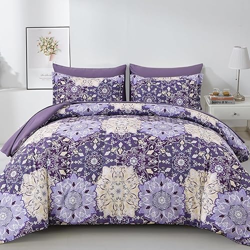 Luxudecor Juego de edredón morado tamaño Queen de 7 piezas cama en una bolsa, juego de edredón bohemio morado y juego de sábanas, juego completo de