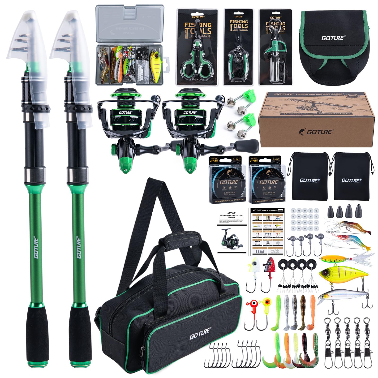 Goture Double Fishing Rod and Reel Combos with 900D Oxford Bag, Green Telescopic Pole B Spinning Reel Lures Set, Telescopic Fishing Rod Fishing Kit for Travel Saltwater Freshwater 2.4M B1