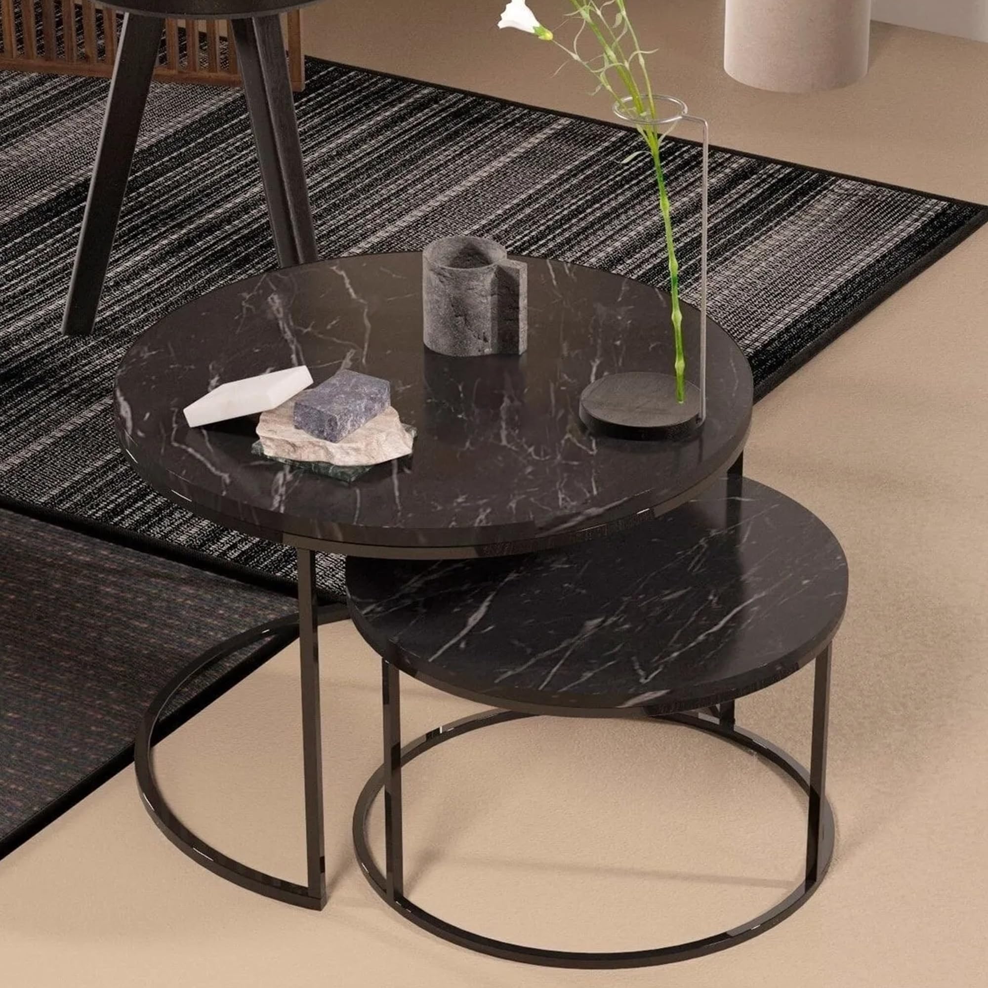 Couchtischset Skagen Kaffeetisch im 2er Set Satztisch 2-TLG für Wohnzimmer Flur aus Metall und Spanplatte Wohnzimmertisch Beistelltisch Set Moderne Couchtische für Wohnzimmer (Black-Marble)