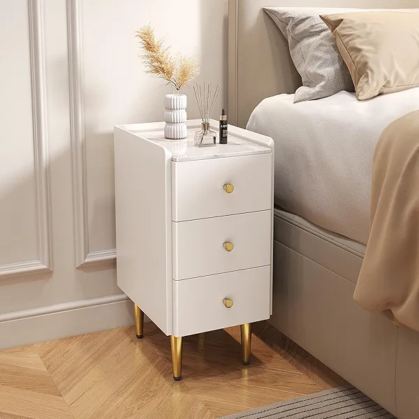 Narrow Nightstand 11.8" with 3 Drawer Wood Bedside Table Small White and Gold Night Stand Modern Minimalist End Table for Small Space, Bedroom, Vanity, Dorm
