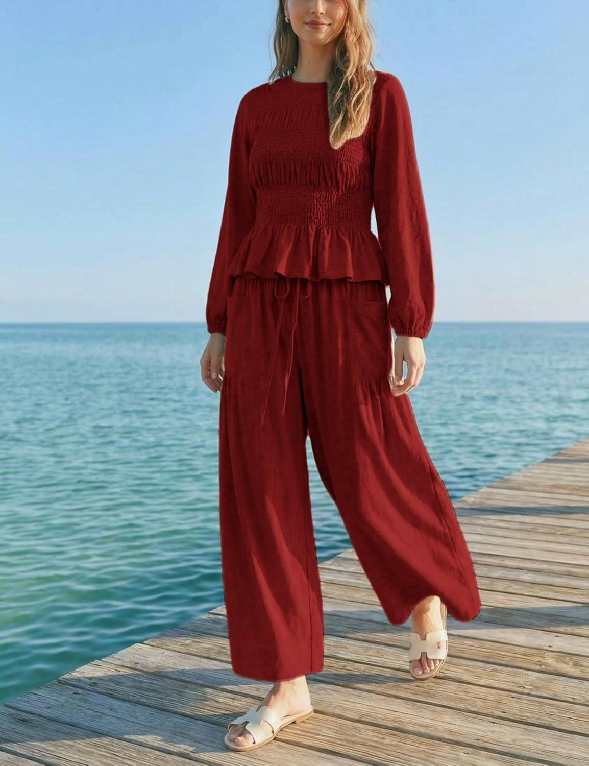 Womens 2-Piece Boho Long Sleeve Smocked Top & Wide Leg Pants Set Casual Lounge Outfit with Pockets - Image 3