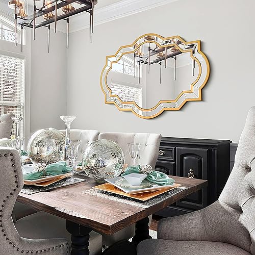 Miniatura 5 de Chende Espejo dorado para decoración de pared, espejo grande de sala de estar de 32 x 24 pulgadas con vidrio biselado y marco de madera, espejo de