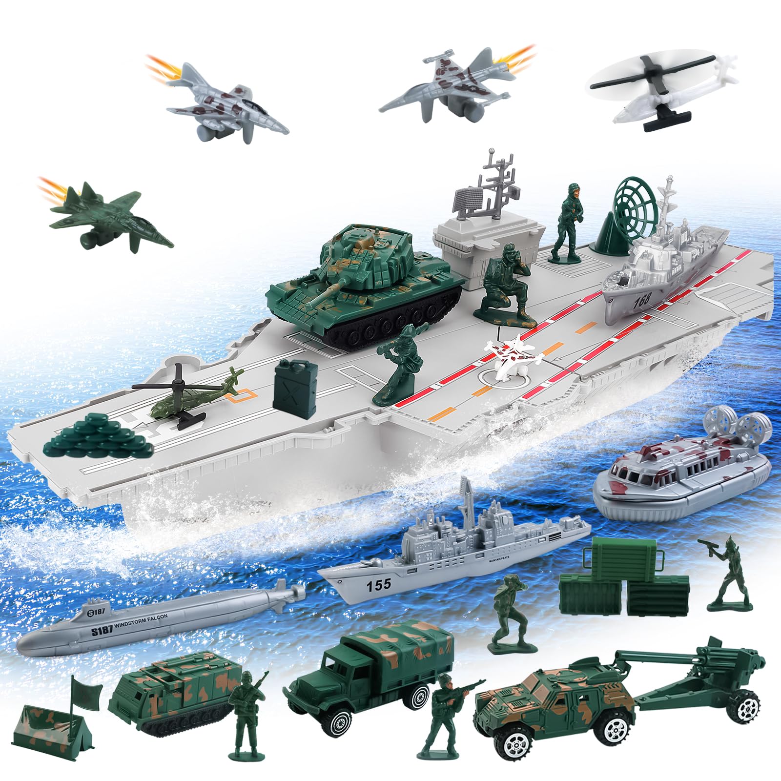 deAO Aircraft Carrier Toy with Scale Model Warplanes Warships Military Vehicles Battleship Helicopter Planes Trucks Tank Army Men Toys for Kids Boys Girls 18 Inches