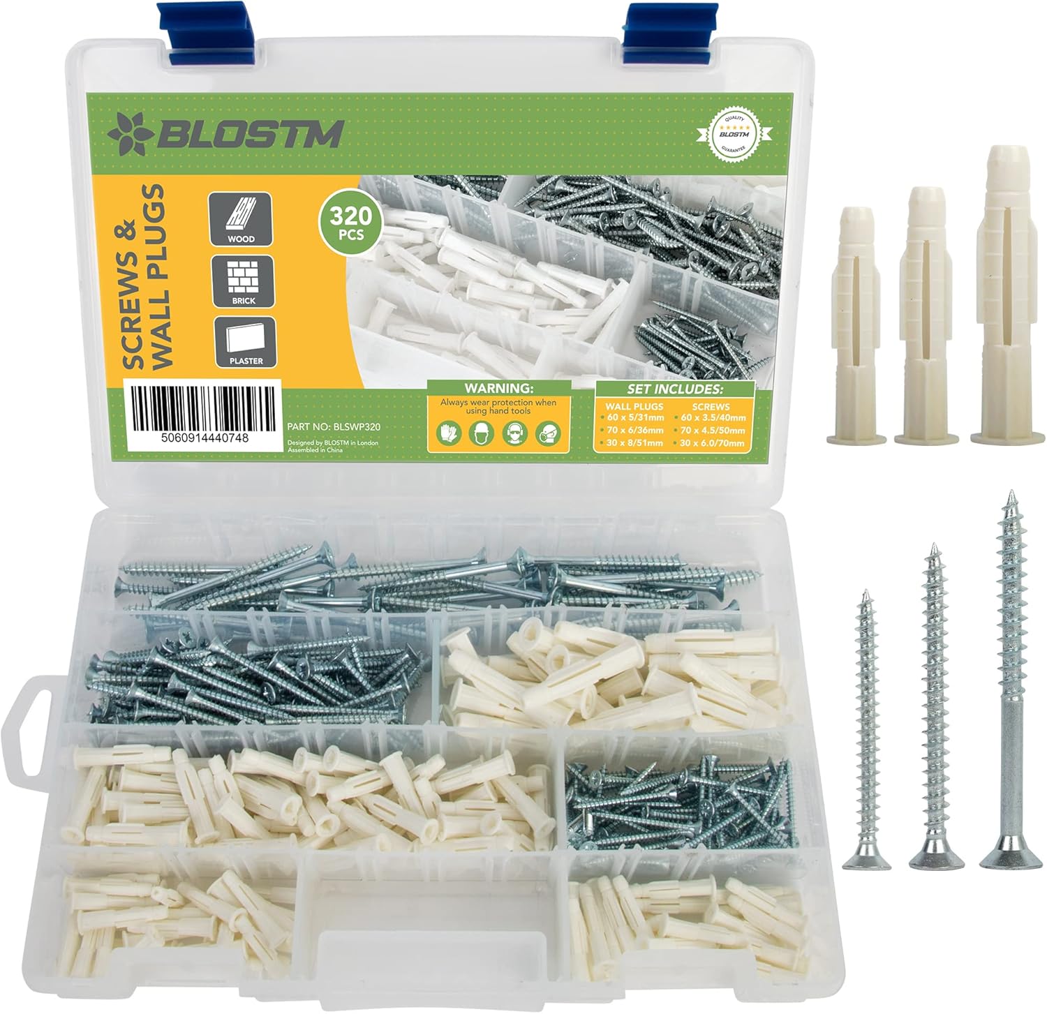 BLOSTM Screws and Wall Plugs Set 320 PCS Plasterboard Fixings & Wood Screws Assortment with