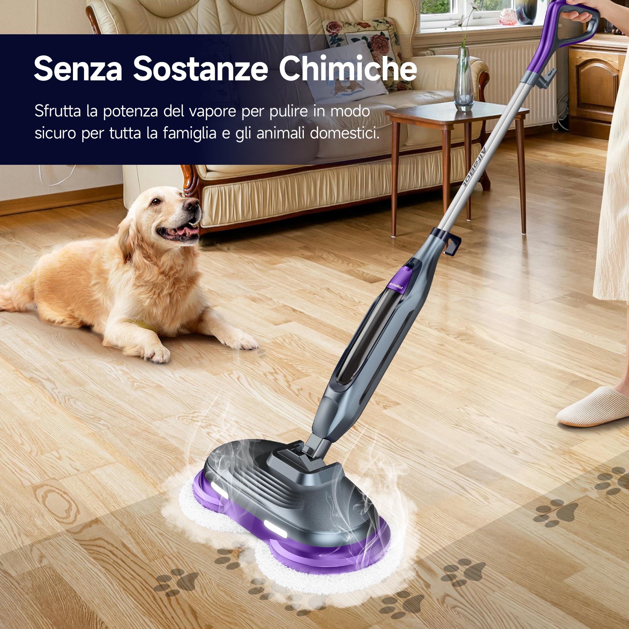 AlfaBot F2 Lavapavimenti a Vapore - Scopa a Vapore con Disinfezione 99.9% di germi e batteri, Vapore pronto in 30s, 450 ML, per tutti i tipi di Pavimenti Duri, Senza Uso di Detergenti