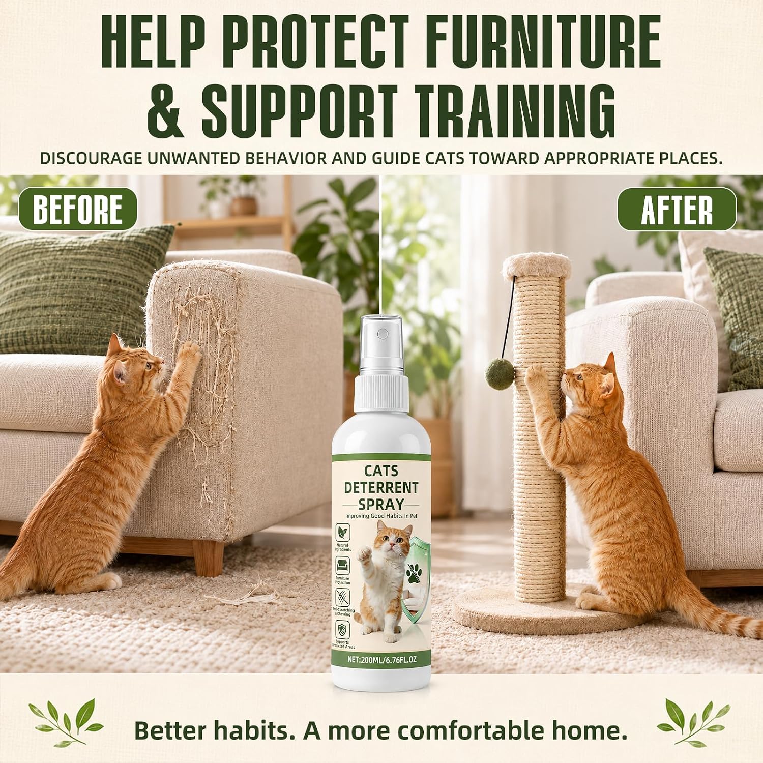 Cat Deterrent Spray for Furniture Protection, Anti Scratch, Urine Marking | Effective Cat Repellent Indoor & Outdoor Training Aid for Stop Chewing & Pee Spraying with Safe Natural Ingredients, 1 Pcs