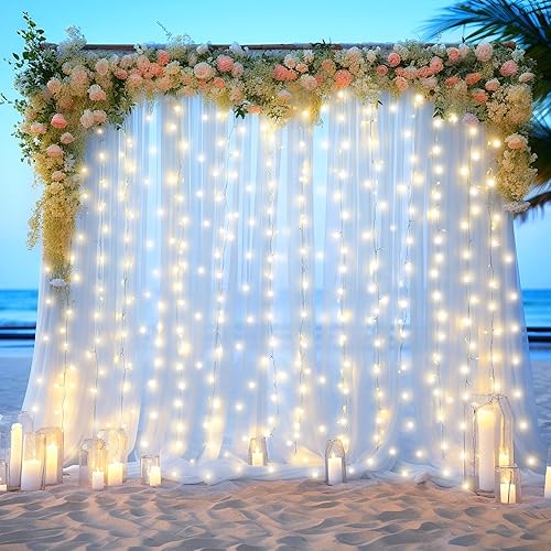 Miniatura 7 de Cortinas de fondo de tul blanco transparente con tira de luces para fiestas, bodas, sin arrugas, cortinas para baby shower, fiesta de cumpleaños,