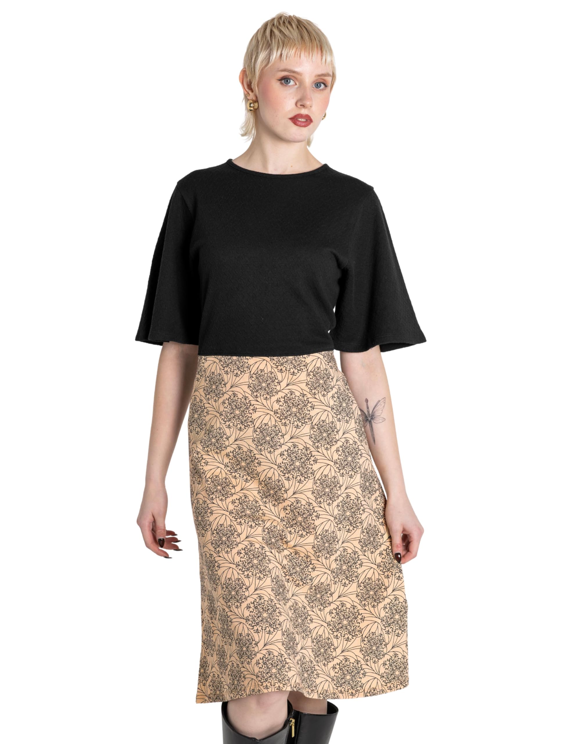 Enorsia Women's Black Printed Skirt Detail Design Jersey Dress - Uk 12