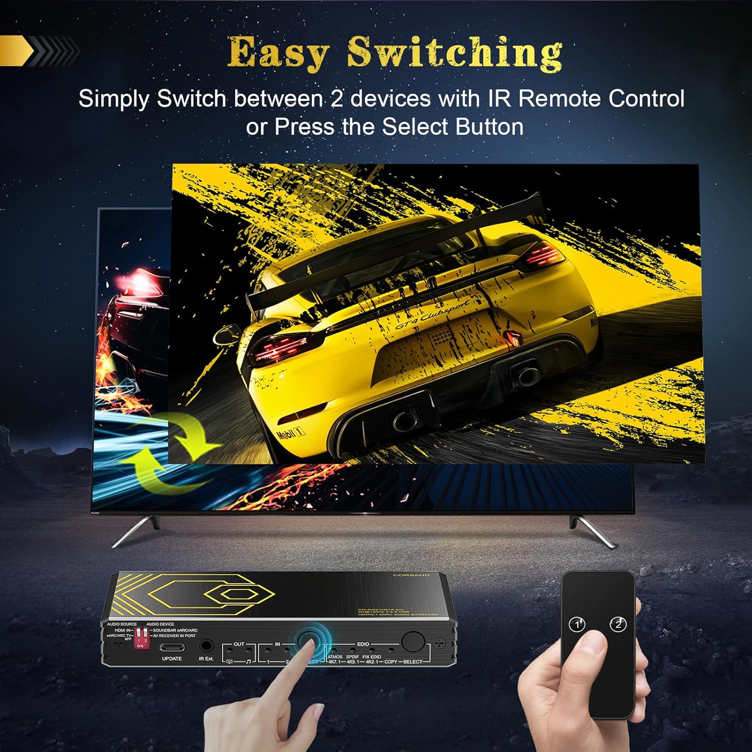 8K@60Hz 4K@120Hz HDMI2.1 Switch 2 in 1 Out with Audio Extractor eARC,ARC,7.1Ch,SPDIF 5.1Ch,48Gbps,HDCP2.3 Bypass,VRR,IR,3D,HDR 10,Dolby Atmos,Compatible with QLED TV,PS5,Xbox,Sonos Soundbar,Apple TV - Image 5